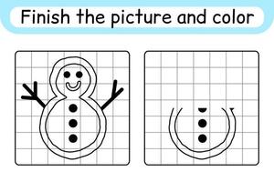 Complete the picture snowman. Copy the picture and color. Finish the image. Coloring book. Educational drawing exercise game for children vector