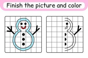 Complete the picture snowman. Copy the picture and color. Finish the image. Coloring book. Educational drawing exercise game for children vector