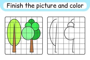 completa el árbol de imágenes. copiar la imagen y el color. terminar la imagen. libro de colorear. juego educativo de ejercicios de dibujo para niños vector