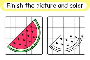 Complete the picture watermelon. Copy the picture and color. Finish the image. Coloring book. Educational drawing exercise game for children vector