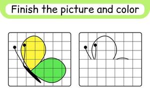 Completa la imagen de la mariposa. copiar la imagen y el color. terminar la imagen. libro de colorear. juego educativo de ejercicios de dibujo para niños vector