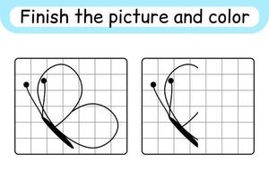 Complete the picture butterfly. Copy the picture and color. Finish the image. Coloring book. Educational drawing exercise game for children vector