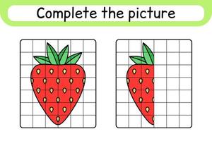 Complete the picture strawberry. Copy the picture and color. Finish the image. Coloring book. Educational drawing exercise game for children vector