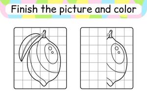 Complete the picture lemon. Copy the picture and color. Finish the image. Coloring book. Educational drawing exercise game for children vector