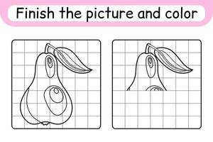 Complete the picture pear. Copy the picture and color. Finish the image. Coloring book. Educational drawing exercise game for children vector