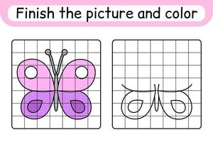 Completa la imagen de la mariposa. copiar la imagen y el color. terminar la imagen. libro de colorear. juego educativo de ejercicios de dibujo para niños vector