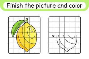 Complete the picture lemon. Copy the picture and color. Finish the image. Coloring book. Educational drawing exercise game for children vector