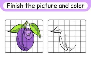 Complete the picture plum. Copy the picture and color. Finish the image. Coloring book. Educational drawing exercise game for children vector