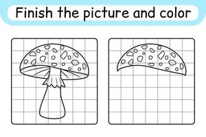 Complete the picture mushroom amanita. Copy the picture and color. Finish the image. Coloring book. Educational drawing exercise game for children vector