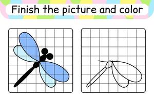 completa la imagen libélula. copiar la imagen y el color. terminar la imagen. libro de colorear. juego educativo de ejercicios de dibujo para niños vector