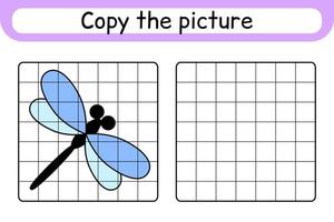 copia la imagen y colorea la libélula. completa la imagen terminar la imagen. libro de colorear. juego educativo de ejercicios de dibujo para niños vector