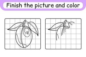 Complete the picture plum. Copy the picture and color. Finish the image. Coloring book. Educational drawing exercise game for children vector