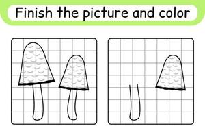 Complete the picture mushroom coprinus. Copy the picture and color. Finish the image. Coloring book. Educational drawing exercise game for children vector