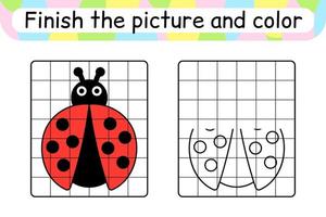 Complete the picture ladybug. Copy the picture and color. Finish the image. Coloring book. Educational drawing exercise game for children vector