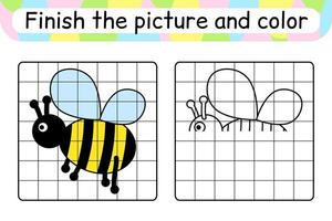 completa la imagen de la abeja. copiar la imagen y el color. terminar la imagen. libro de colorear. juego educativo de ejercicios de dibujo para niños vector