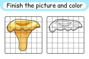 Complete the picture mushroom chanterelle. Copy the picture and color. Finish the image. Coloring book. Educational drawing exercise game for children vector