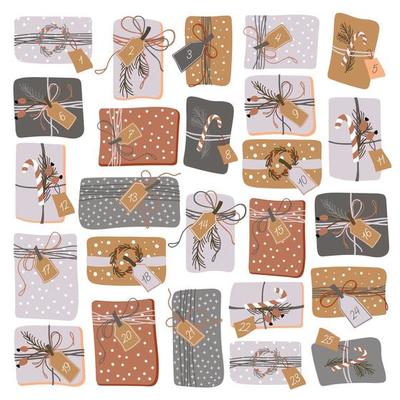 Christmas Advent Calendar. Cute hand drawn gift boxes with numbers. Collection of vector illustration with holiday presents.
