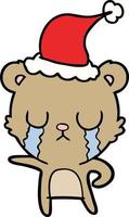 crying line drawing of a bear wearing santa hat vector