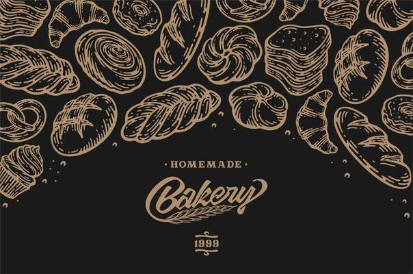 Card design with ink hand drawn baking illustration. Vintage template with bread and pastries doodle sketch. in dark background
