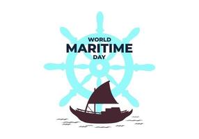 World maritime day background with ship and big steer wheel. vector