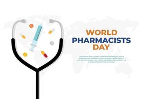 World pharmacists day background with stethoscope, injection and drugs vector