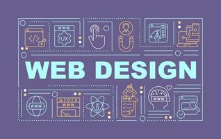 Web designing word concepts dark purple banner. Website development. Infographics with editable icons on color background. Isolated typography. Vector illustration with text.