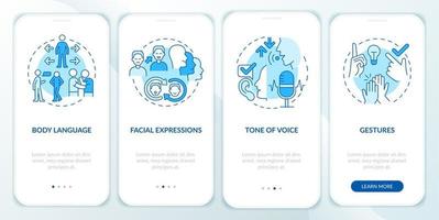 Nonverbal communication examples blue onboarding mobile app screen. Walkthrough 4 steps graphic instructions pages with linear concepts. UI, UX, GUI template. vector