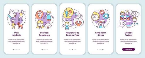 Phobia causes onboarding mobile app screen. Anxiety disorder walkthrough 5 steps graphic instructions pages with linear concepts. UI, UX, GUI template. vector