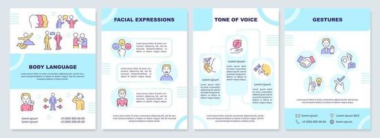 Non-verbal communication turquoise brochure template. Tone of voice. Leaflet design with linear icons. 4 vector layouts for presentation, annual reports.