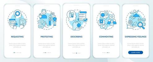 Functional communication blue onboarding mobile app screen. Walkthrough 5 steps graphic instructions pages with linear concepts. UI, UX, GUI template. vector