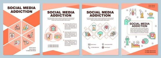 Social media addiction red brochure template. Social networks. Leaflet design with linear icons. 4 vector layouts for presentation, annual reports.