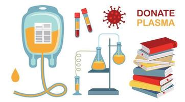 Donate plasma. Medical analysis. Stack of books flat vector illustration.