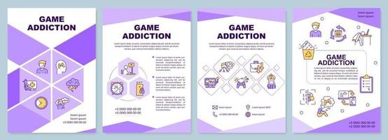 Game addiction purple brochure template. Internet gaming disorder. Leaflet design with linear icons. 4 vector layouts for presentation, annual reports.