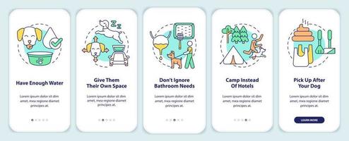 viaje por carretera con consejos sobre mascotas incorporando la pantalla de la aplicación móvil. Tutorial de turismo de automóviles 5 pasos instrucciones gráficas editables con conceptos lineales. interfaz de usuario, ux, plantilla de interfaz gráfica de usuario. vector