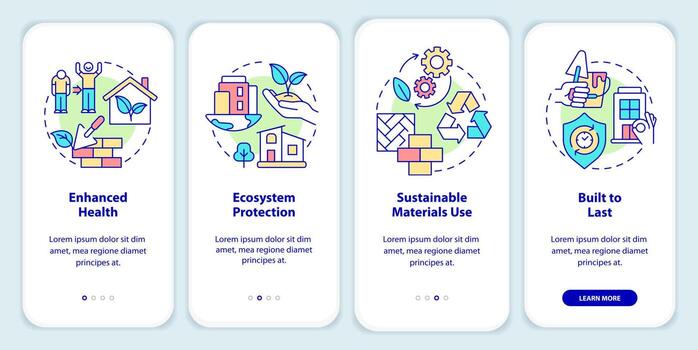 Benefits of sustainable architecture onboarding mobile app screen. Walkthrough 4 steps graphic instructions pages with linear concepts. UI, UX, GUI template. vector
