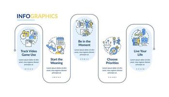 Coping with gaming addiction rectangle infographic template. Video games. Data visualization with 5 steps. Process timeline info chart. Workflow layout with line icons. vector