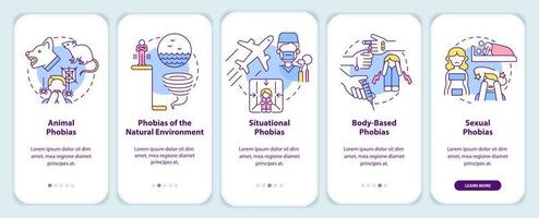 Specific phobias onboarding mobile app screen. Anxiety disorder walkthrough 5 steps graphic instructions pages with linear concepts. UI, UX, GUI template. vector