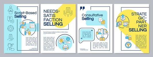 Selling strategies blue, yellow brochure template. Trends in marketing. Leaflet design with linear icons. Editable 4 vector layouts for presentation, annual reports.