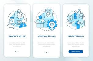 Selling techniques blue onboarding mobile app screen. Sales methods walkthrough 3 steps editable graphic instructions with linear concepts. UI, UX, GUI template. vector