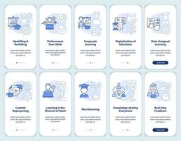 Conjunto de pantalla de aplicación móvil de incorporación de competencias en azul claro. tutorial 5 pasos páginas de instrucciones gráficas con conceptos lineales. interfaz de usuario, ux, plantilla de interfaz gráfica de usuario. vector