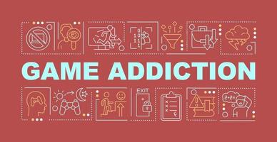 Game addiction word concepts red banner. Emotional obsession problem. Infographics with icons on color background. Isolated typography. Vector illustration with text.
