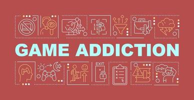 Game addiction word concepts red banner. Emotional obsession problem. Infographics with icons on color background. Isolated typography. Vector illustration with text.