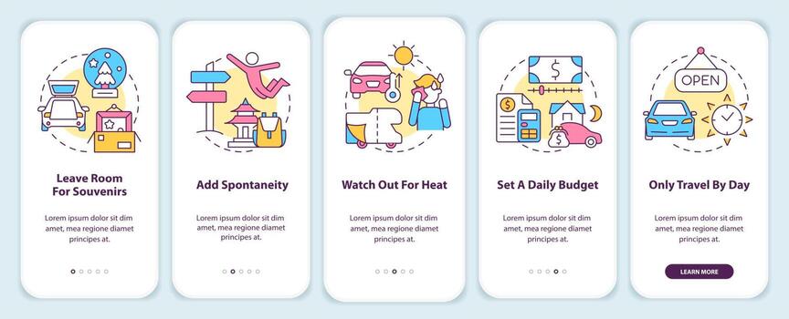 Road trip advices onboarding mobile app screen. Car travel walkthrough 5 steps editable graphic instructions with linear concepts. UI, UX, GUI template. vector