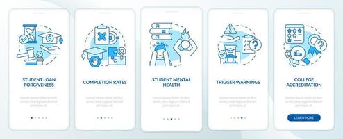 Issues in higher education blue onboarding mobile app screen. Walkthrough 5 steps editable graphic instructions with linear concepts. UI, UX, GUI template. vector