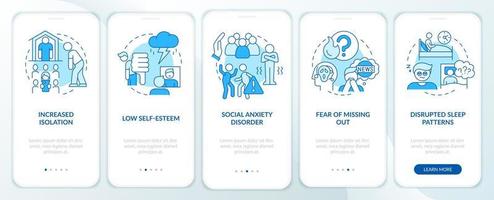 Downsides of social media blue onboarding mobile app screen. Negative walkthrough 5 steps graphic instructions pages with linear concepts. UI, UX, GUI template. vector