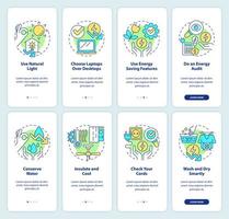 Conjunto de pantalla de aplicación móvil de incorporación de eficiencia energética. tutorial de consejos para el hogar y la oficina 4 pasos instrucciones gráficas editables con conceptos lineales. interfaz de usuario, ux, plantilla de interfaz gráfica de usuario. vector