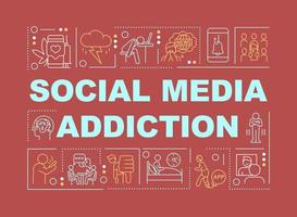 Social media addiction word concepts red banner. Mental disorder. Infographics with icons on color background. Isolated typography. Vector illustration with text.