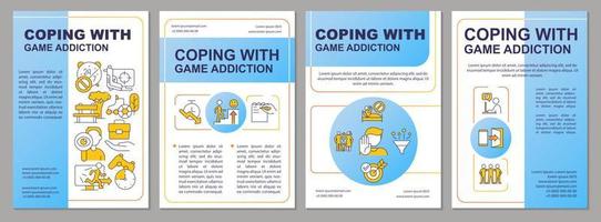 Coping with game addiction blue brochure template. Break with bad habit. Leaflet design with linear icons. 4 vector layouts for presentation, annual reports.