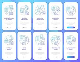 Government budgeting blue gradient onboarding mobile app screen set. Walkthrough 5 steps graphic instructions pages with linear concepts. UI, UX, GUI template. vector