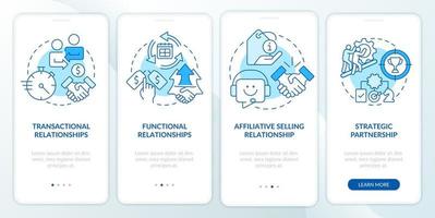 Types of sales relationships blue onboarding mobile app screen. Trade walkthrough 4 steps editable graphic instructions with linear concepts. UI, UX, GUI template. vector